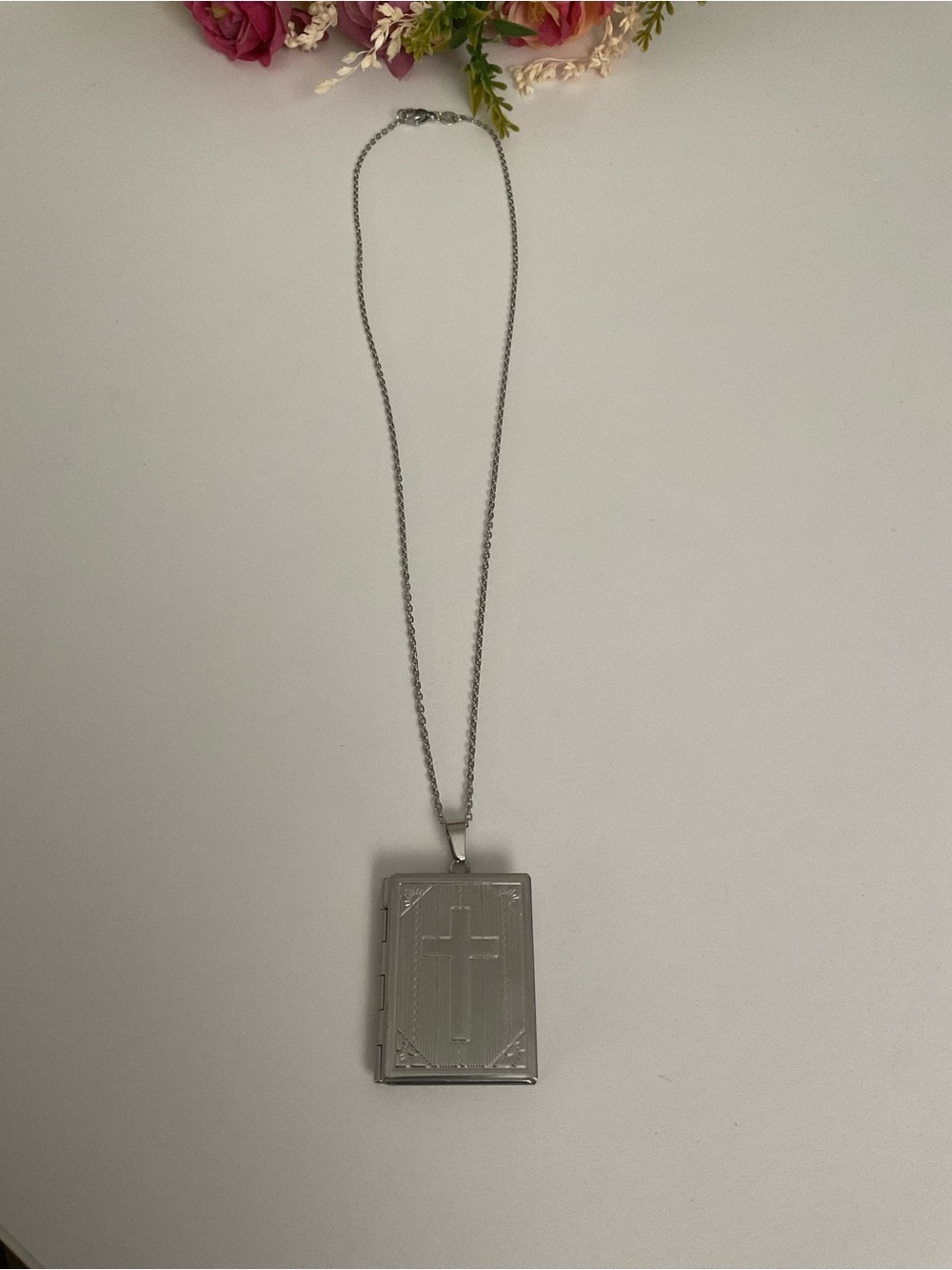 Silver Colour Cross Book Locket Necklace